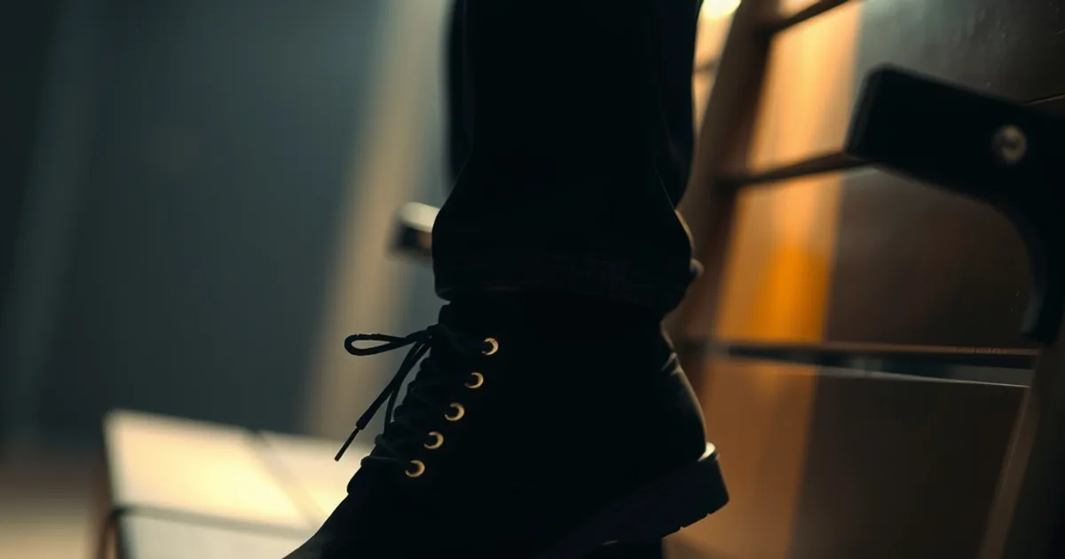 Gros plan sur des pieds nus s'apprêtant à enfiler des chaussures orthopédiques sombres, ambiance feutrée et progressive