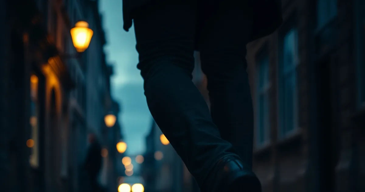 Gros plan sur des jambes en marche portant des chaussures orthopédiques sombres, lumière tamisée soulignant le genou