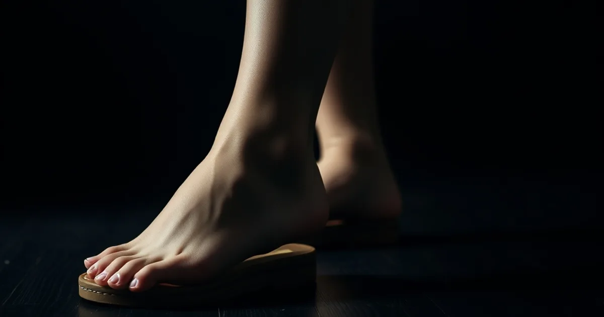Gros plan cinématographique sur les pieds d'une femme enceinte enfilant des chaussures orthopédiques, ambiance sombre et élégante.