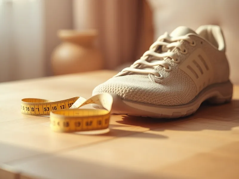 Mètre ruban mesurant un pied à côté d’une chaussure orthopédique, lumière chaleureuse