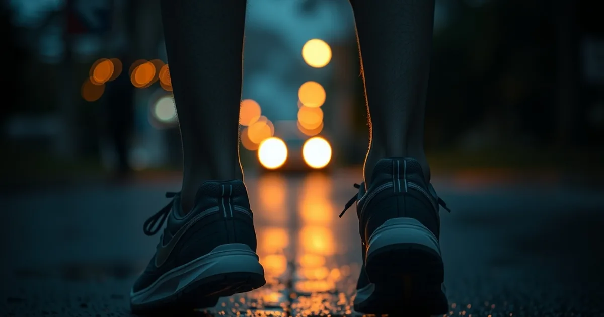 Gros plan sur des jambes et des chaussures orthopédiques de soutien, ambiance sombre et cinématographique évoquant la chaleur de fin d'été