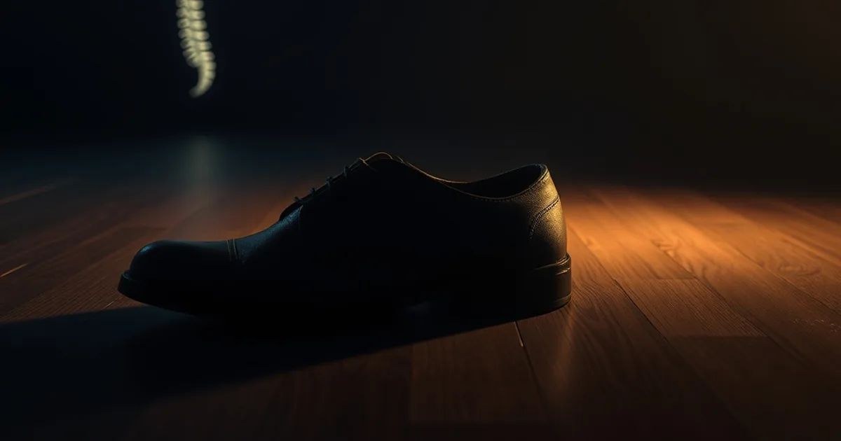 Une paire de chaussures orthopédiques sombres au premier plan, avec une ligne lumineuse suggérant l'alignement de la colonne vertébrale qui remonte dans la pénombre.