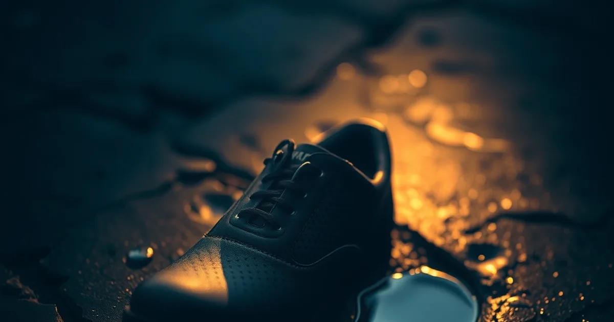 Chaussure orthopédique en cuir avec empiècements en maille aérée, éclairage sombre et chaleureux évoquant la canicule estivale