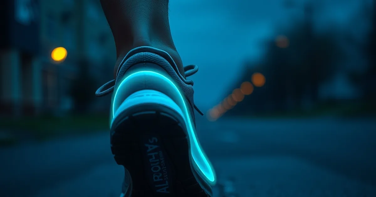 Gros plan cinématique d'un pied de coureur en pleine foulée sur asphalte mouillé, avec la structure de soutien de voûte d'une chaussure orthopédique de running mise en évidence.