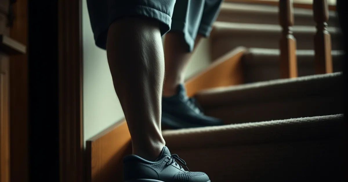 Gros plan sur les pieds d'une personne âgée portant des chaussures orthopédiques stables en train de descendre une marche d'escalier, dans une lumière chaude et dramatique.