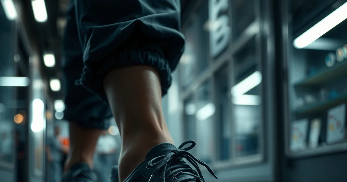 Gros plan sombre et cinématographique sur les pieds d'un professionnel portant des chaussures orthopédiques légères, en fin de journée de travail debout.