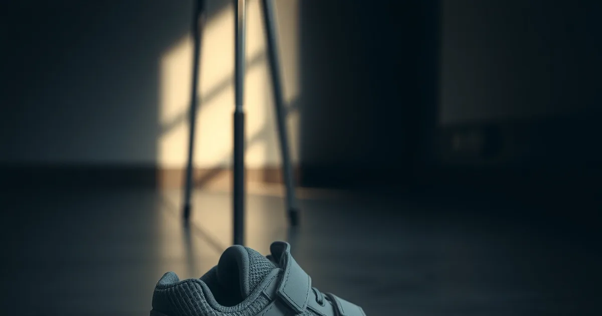 Chaussure post-opératoire à fermeture velcro posée sur un sol sombre, avec une canne floutée en arrière-plan, éclairage tamisé.