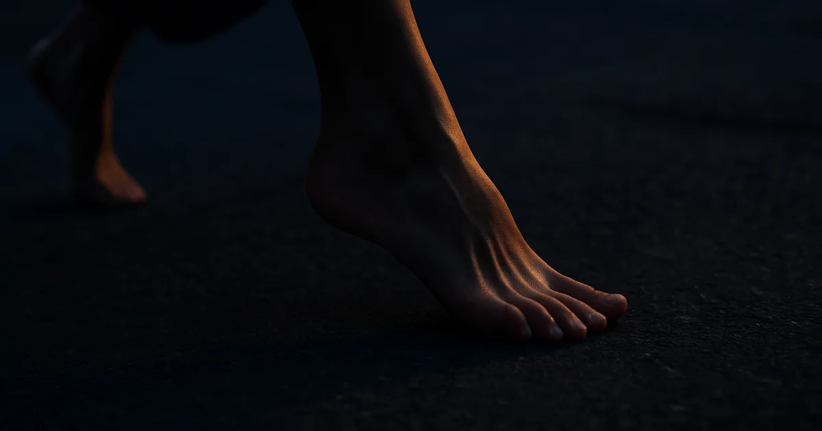 Gros plan cinématographique d'un pied de femme en pleine foulée, mettant en lumière l'articulation du gros orteil dans une ambiance sombre et élégante