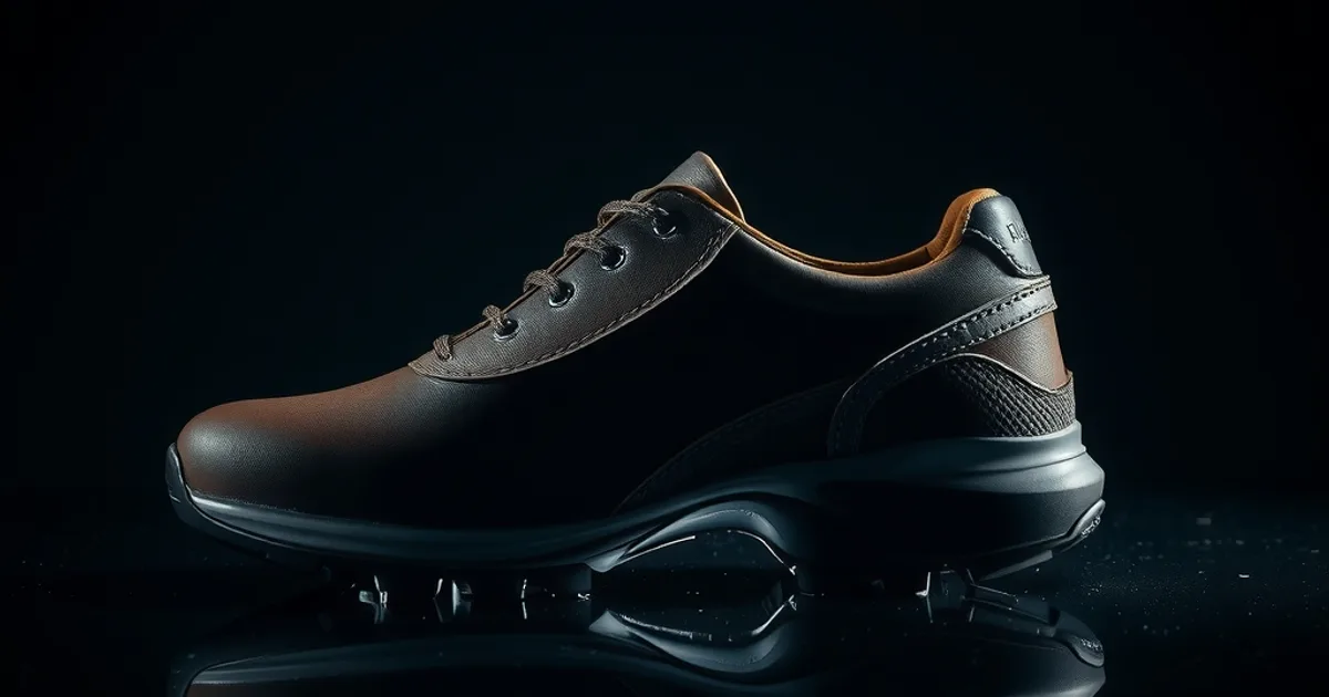 Chaussure orthopédique vue en coupe, éclairage sombre et dramatique, révélant la courbe de la sole à bascule et le pad métatarsien de la semelle