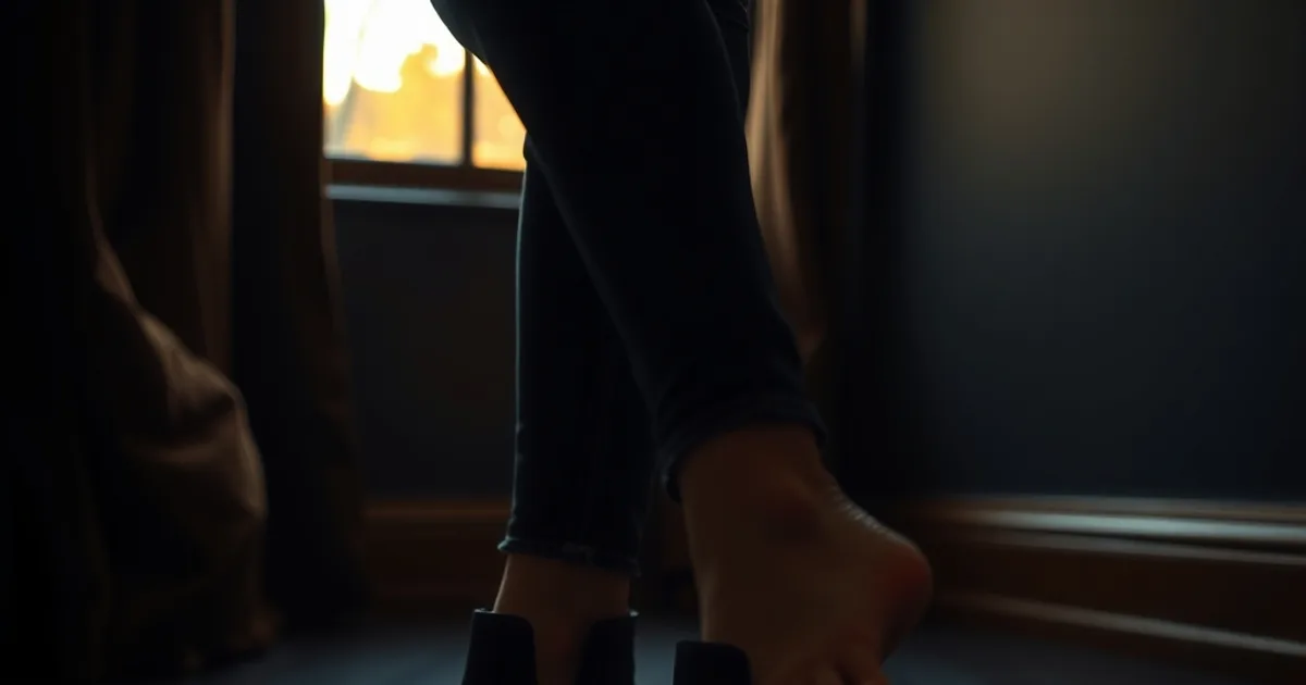 Bottines à petit talon posées sur un sol sombre près d'un pied nu, éclairage chaud d'automne, ambiance cinématique.