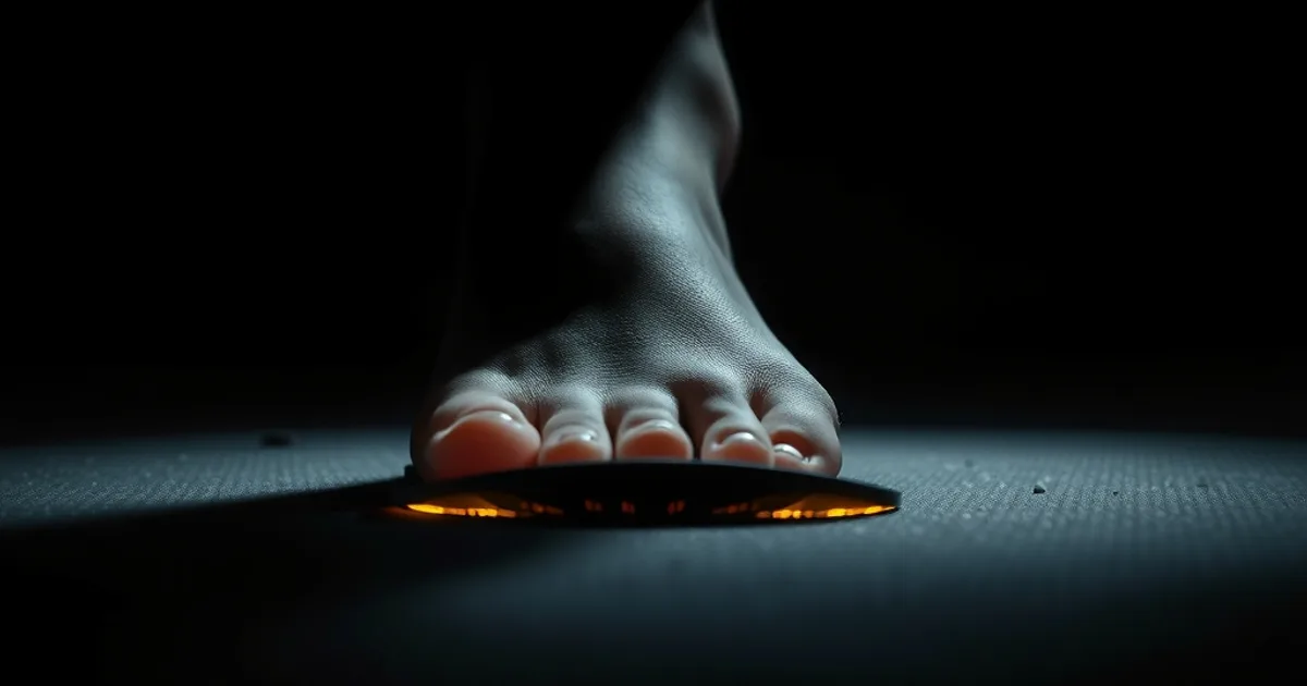 Gros plan cinématographique d'un pied posé sur une semelle orthopédique sombre, lumière dramatique sur l'avant-pied