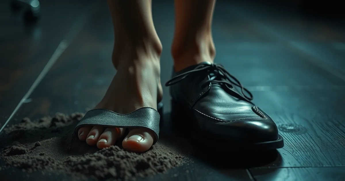 Pieds nus passant de sandales de vacances posées sur du sable à une paire de chaussures de travail sombres posées sur un sol de bureau, ambiance sombre et cinématique
