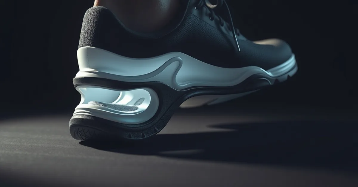 Coupe d'une chaussure orthopédique en pénombre montrant un amorti épais et un renfort du talon, ambiance sombre et premium