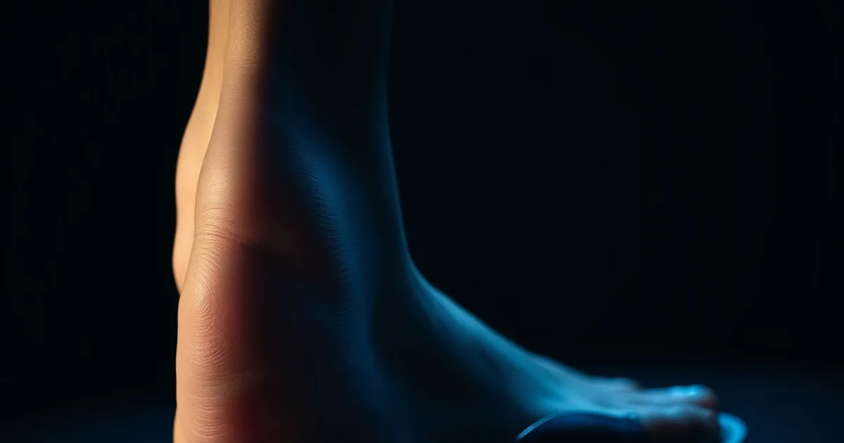 Gros plan artistique sur la voûte plantaire d'un pied, éclairage dramatique sombre, à côté d'une chaussure orthopédique en arrière-plan flou