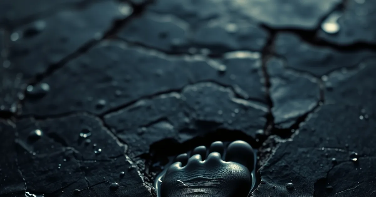 Empreinte de pied mouillée sur une pierre sombre, éclairage dramatique mettant en valeur la voûte plantaire