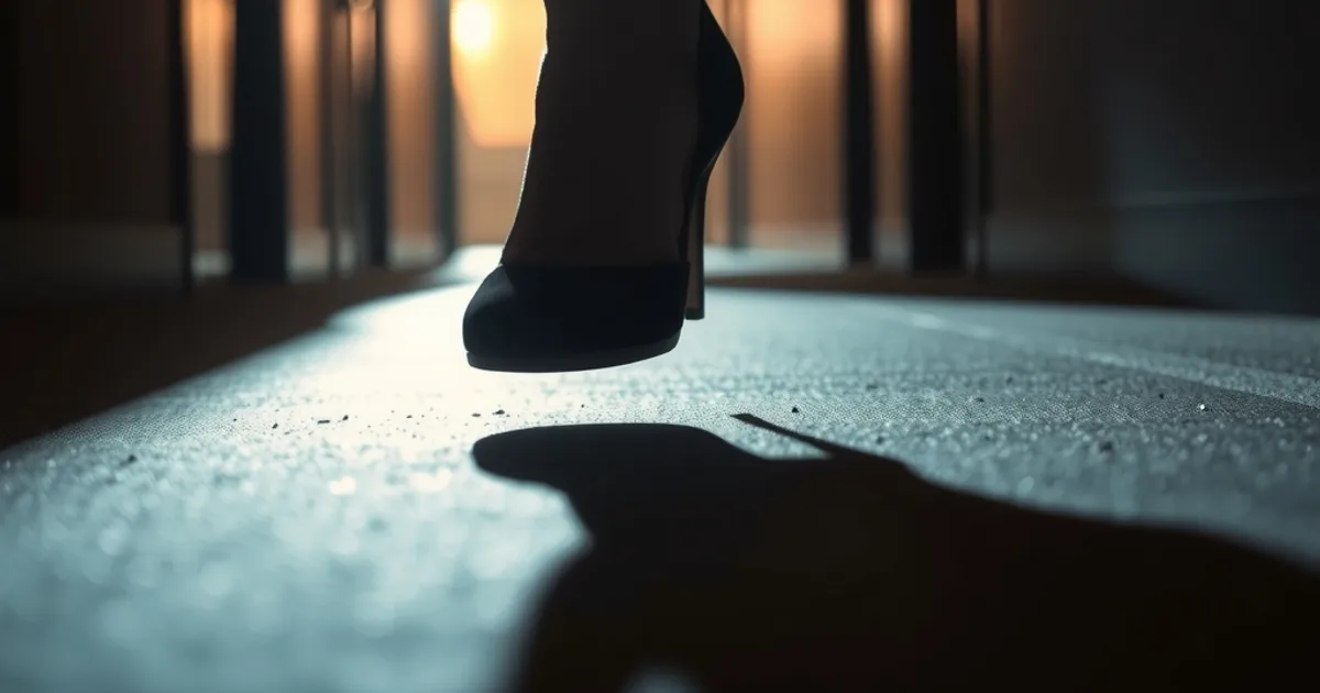 Gros plan cinématographique sur une chaussure à talon chaton professionnelle portée dans un couloir de bureau sombre et élégant