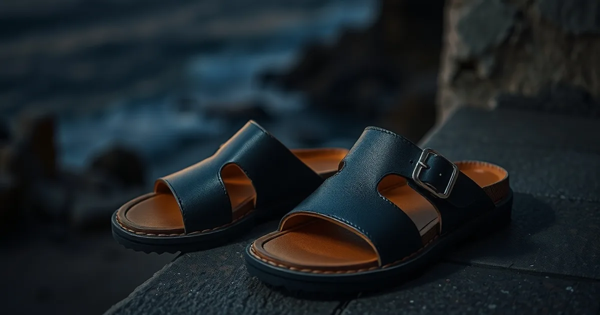 Sandales orthopédiques en cuir posées sur des marches en pierre face à la mer, lumière chaude du soir