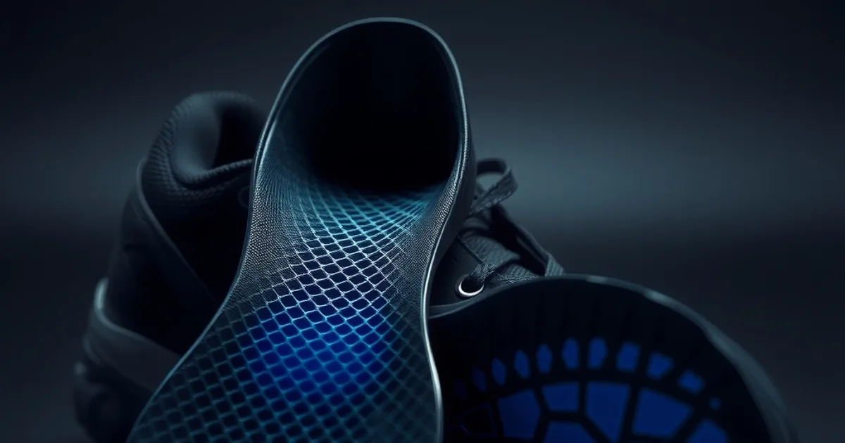 Semelle orthopédique imprimée en 3D à structure alvéolaire posée à côté d'une chaussure de sport dont la semelle intérieure est soulevée, éclairage sombre et cinématographique.