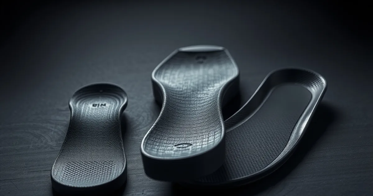 Trois semelles orthopédiques pour métatarsalgie de gamme croissante, de l'insert simple à l'orthèse sur mesure, mises en scène côte à côte dans une lumière sombre et cinématique