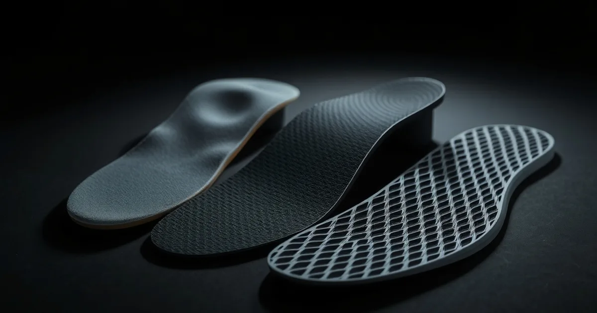 Trois types de semelles pour métatarsalgie — gel, mousse et sur-mesure 3D — présentées côte à côte dans une lumière dramatique et sombre