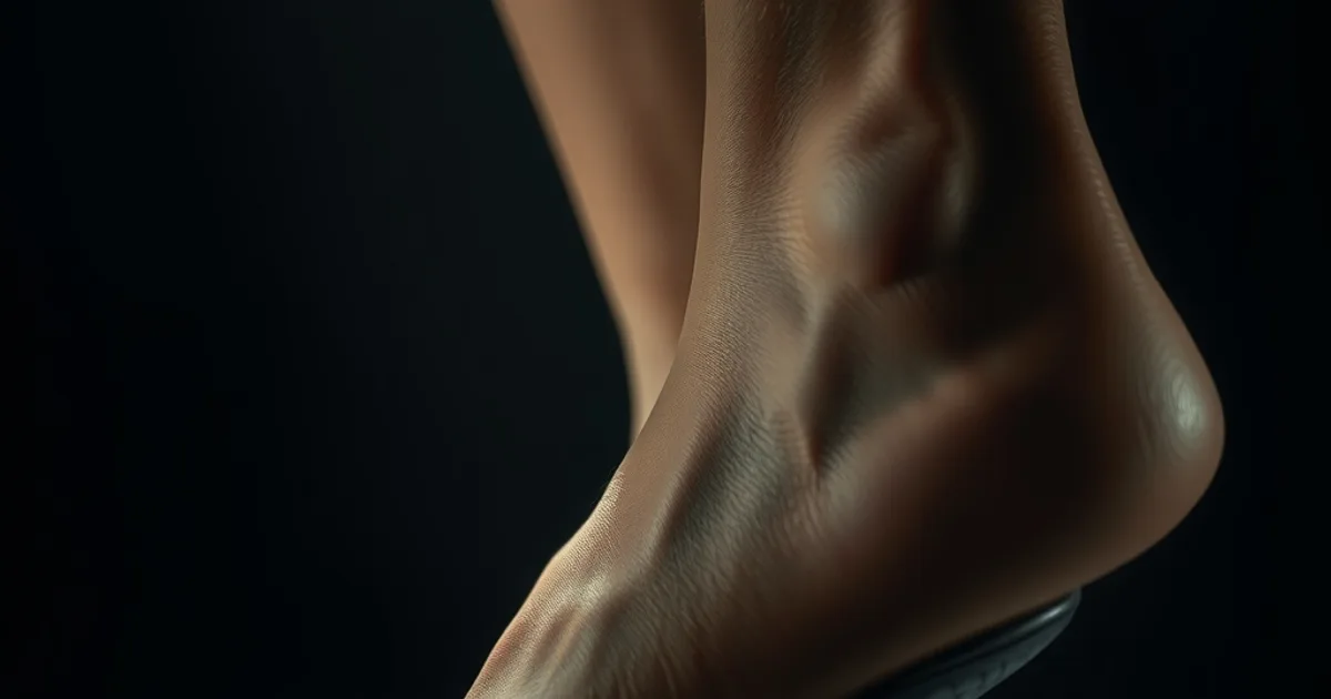 Gros plan sur un avant-pied posé sur une semelle orthopédique avec coussinet de décharge, éclairage sombre et dramatique