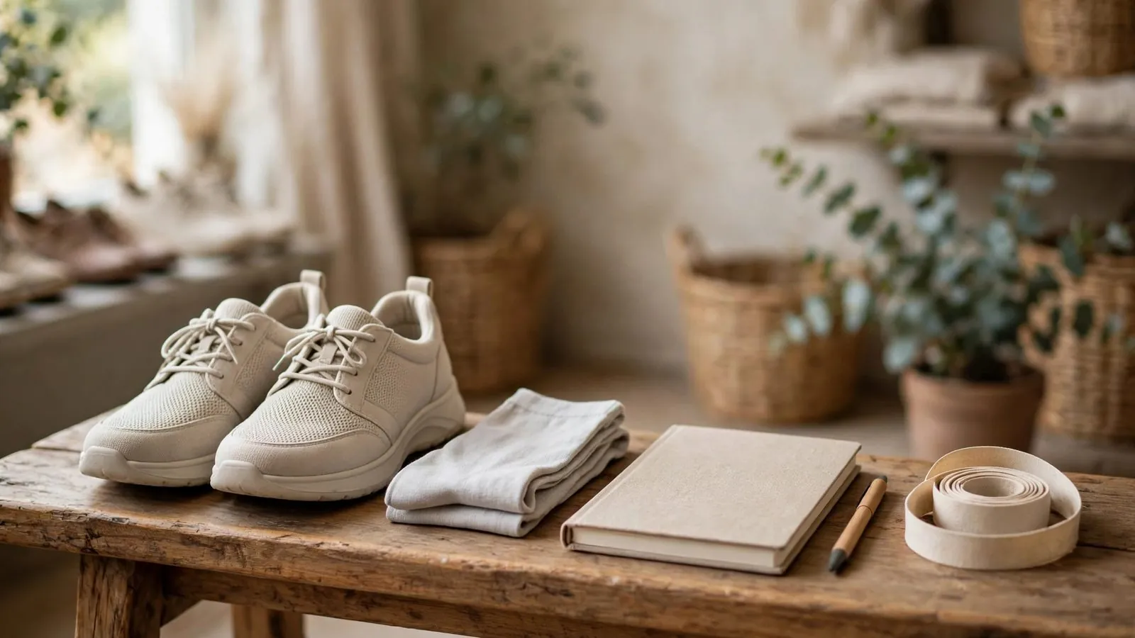 Chaussures à lacets claires sur tissu plié, carnet avec crayon et mètre ruban enroulé sur table en bois.